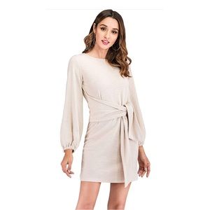 Cotton Long Sleeve Elegant Knitted Bodycon Tie Waist Sweater Pencil Dress Size M